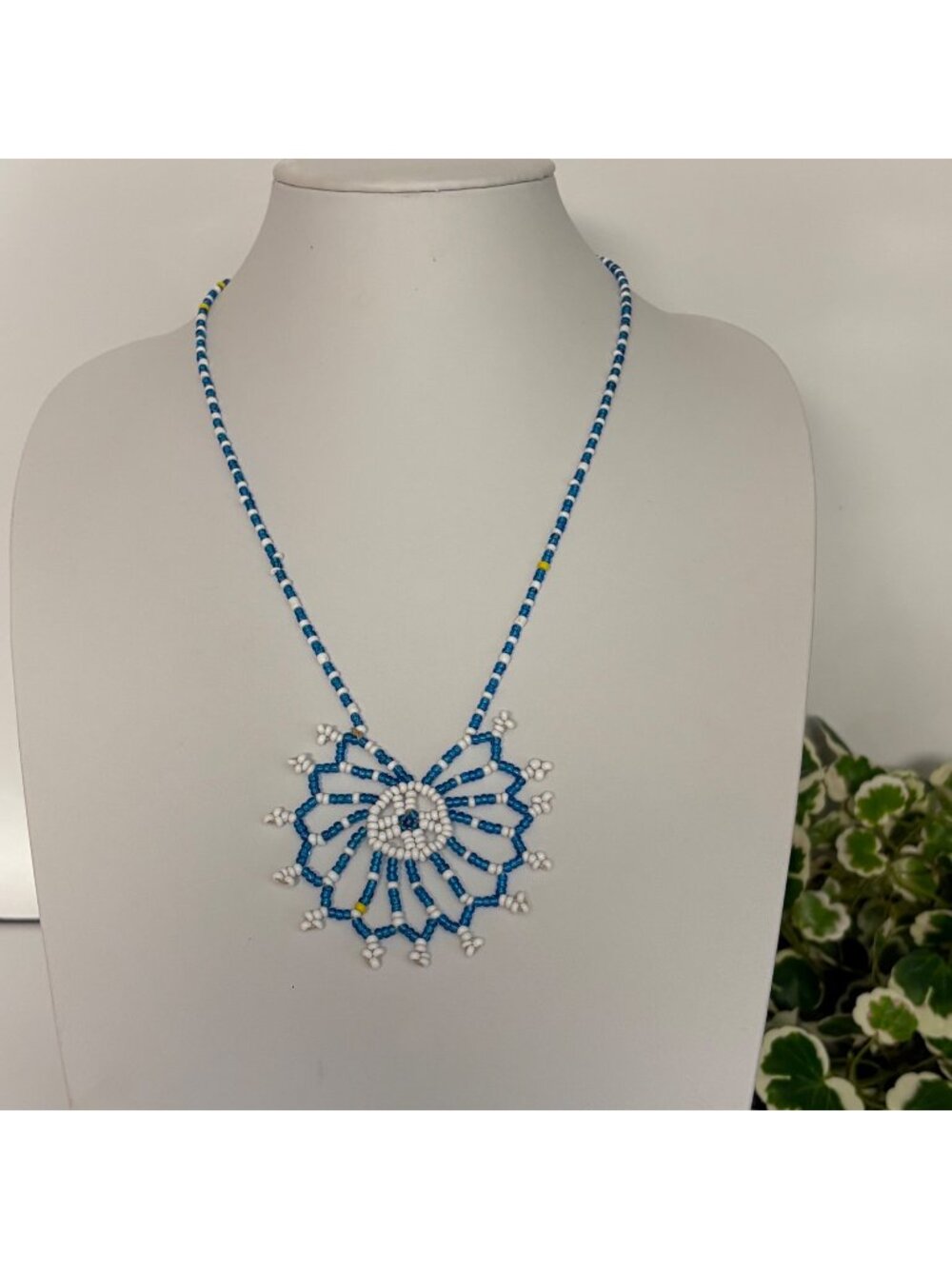 Handmade Blue White Beaded Pendant Necklace Boho Tribal Seed Bead Jewelry